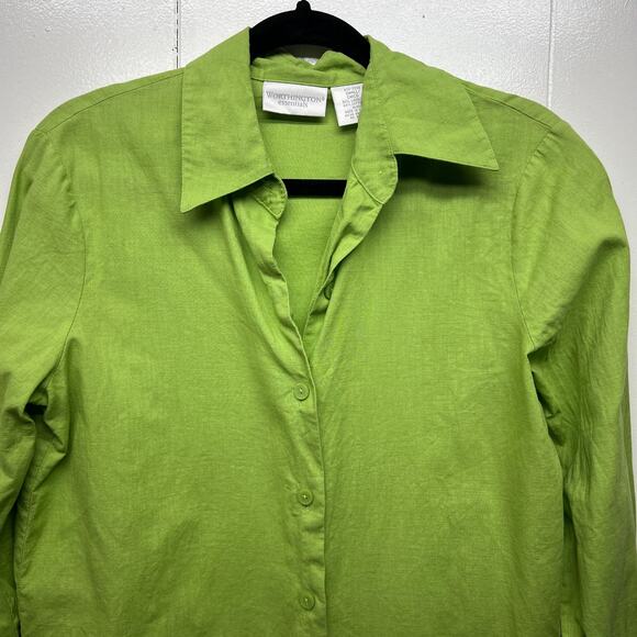 Worthington Vintage Line Cotton Lime Green Button Front Womens Shirt Size Small - Picture 3 of 13